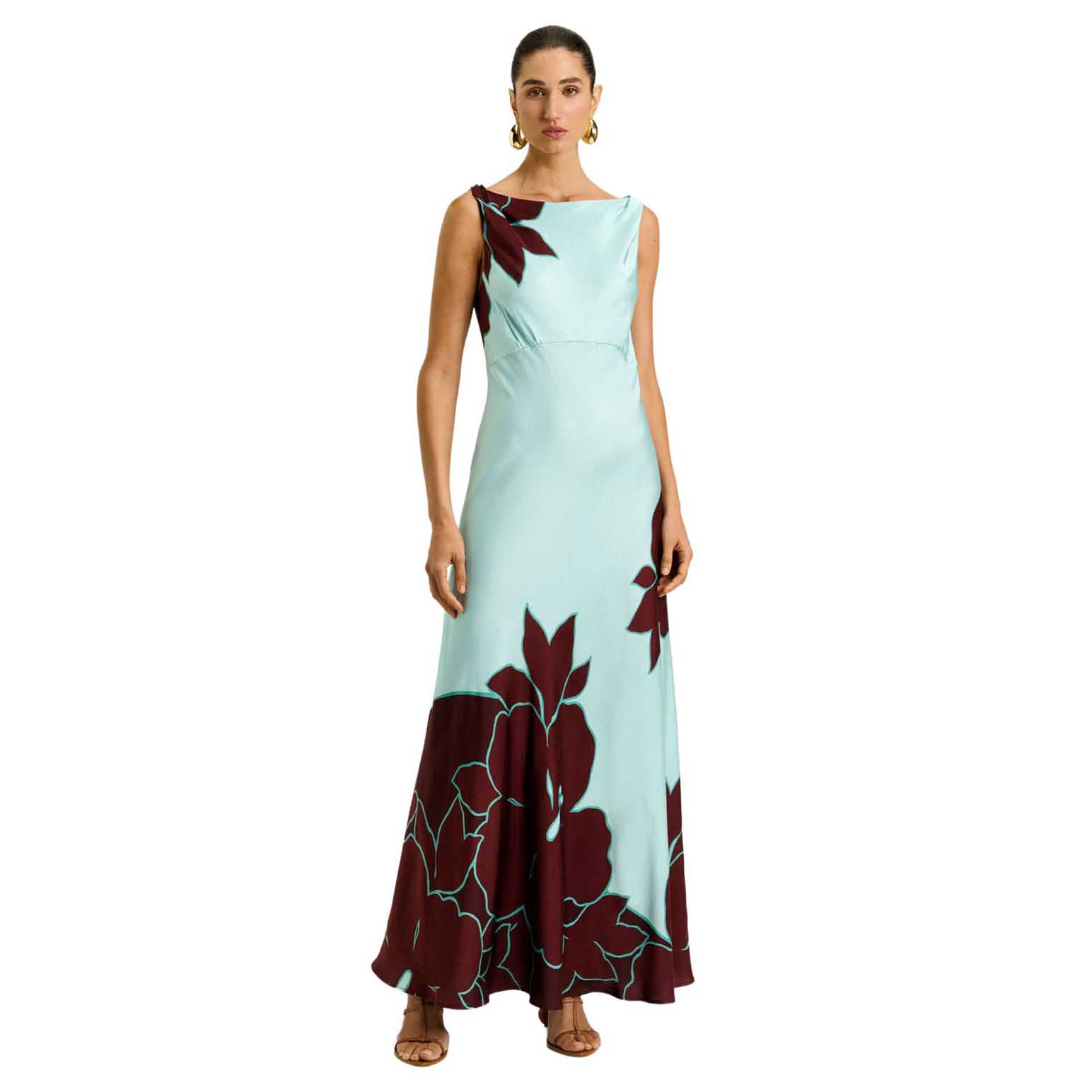 Veronika Maine Mint Poinsettia Satin Maxi Dress